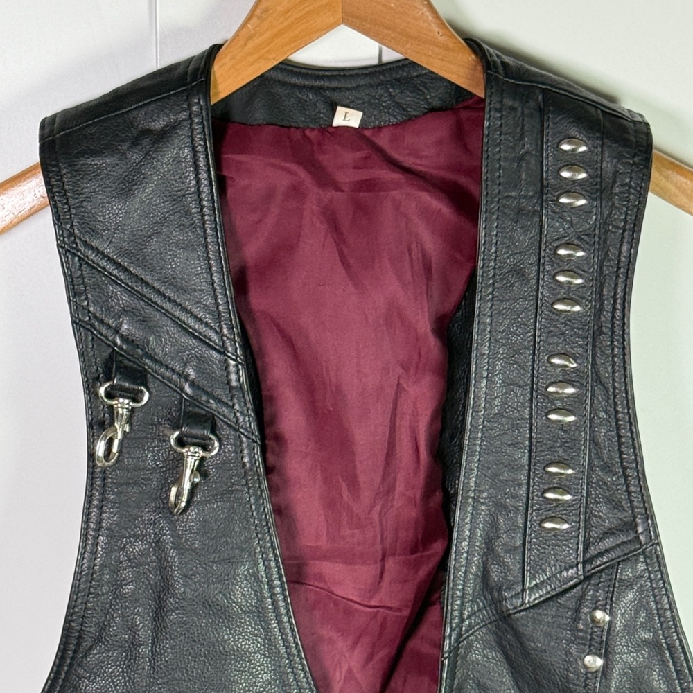 Vintage Heavyweight Premium Leather Biker Vest Studded Women's Moto Side Lace L - Picture 4 of 7